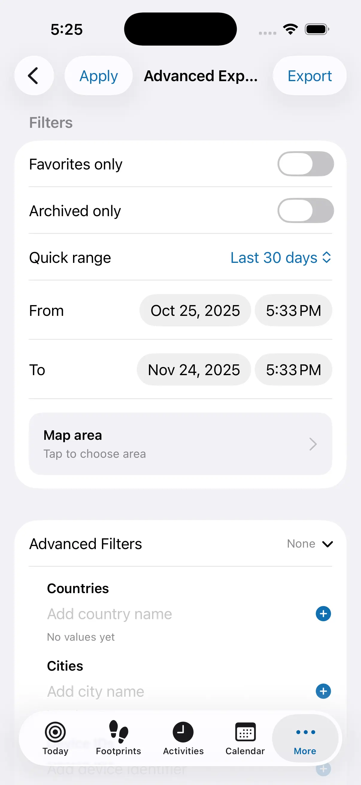 Data export screenshot