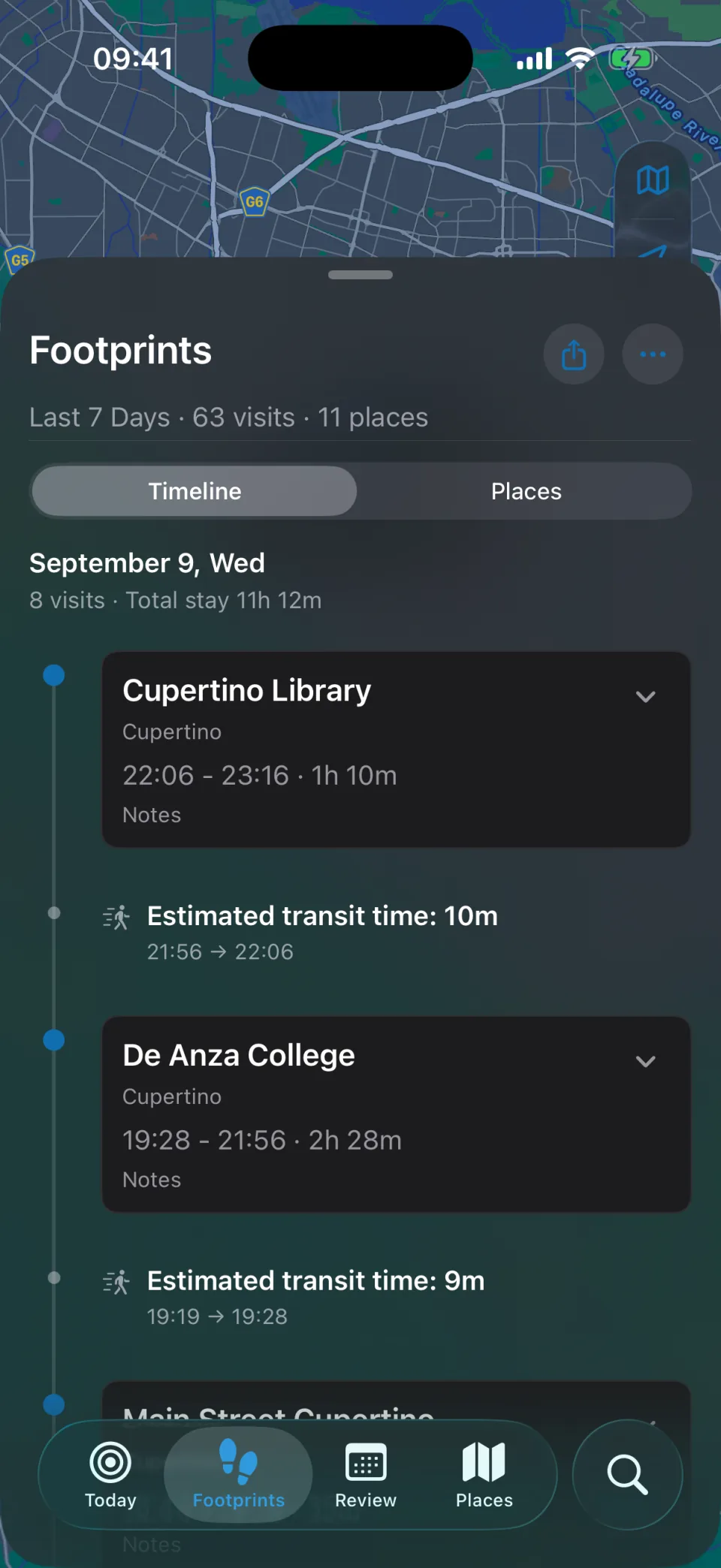 MeTrail footprints view with a summary of places visited and the day-by-day journey list