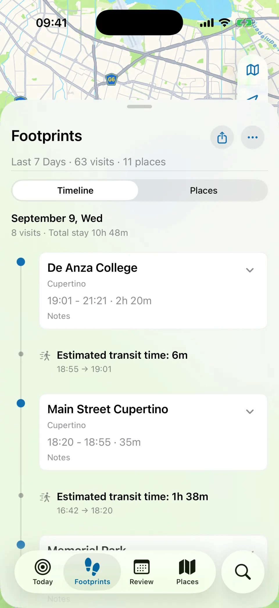 MeTrail footprints view with a summary of places visited and the day-by-day journey list