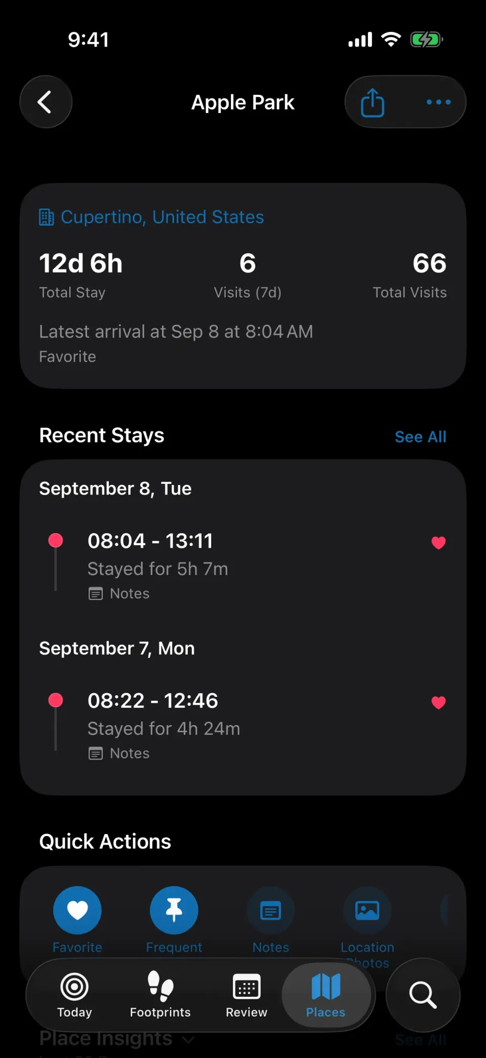 MeTrail place detail screen with visit count, dwell time, and history