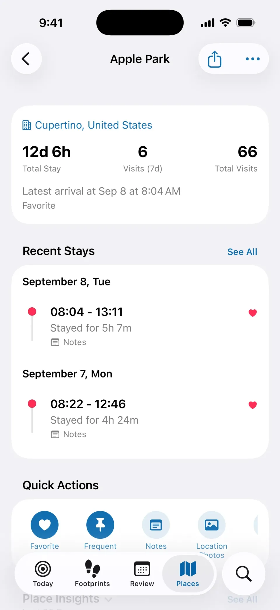 MeTrail place detail screen with visit count, dwell time, and history