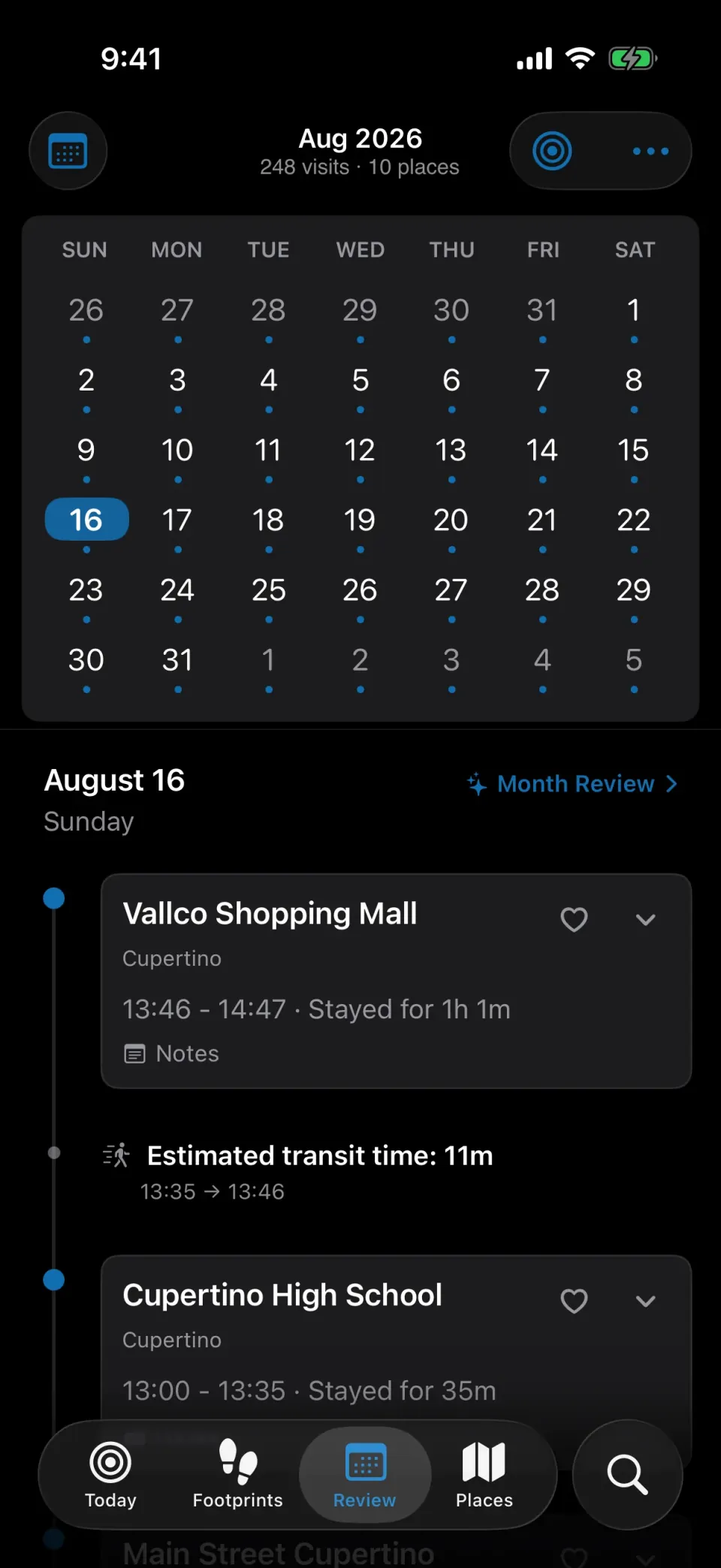 MeTrail review tab showing a month of recorded days