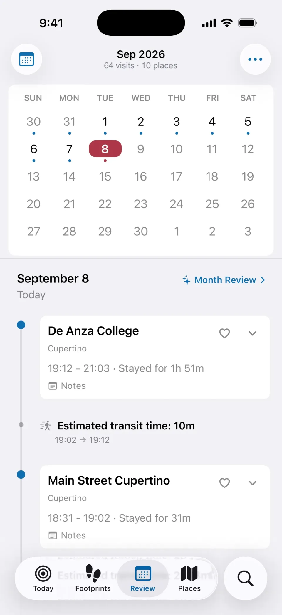 MeTrail review tab showing a month of recorded days
