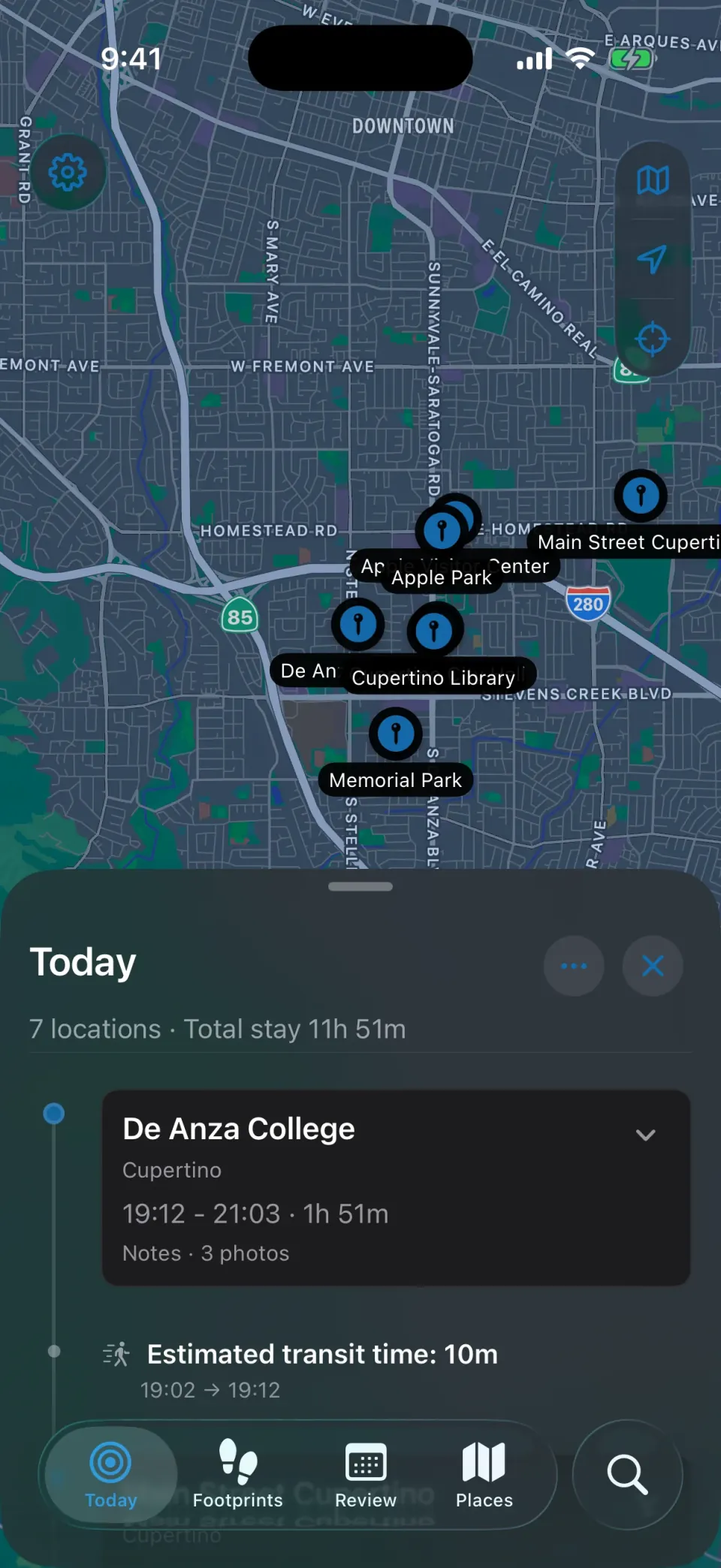 MeTrail today view with the day route and places listed in order