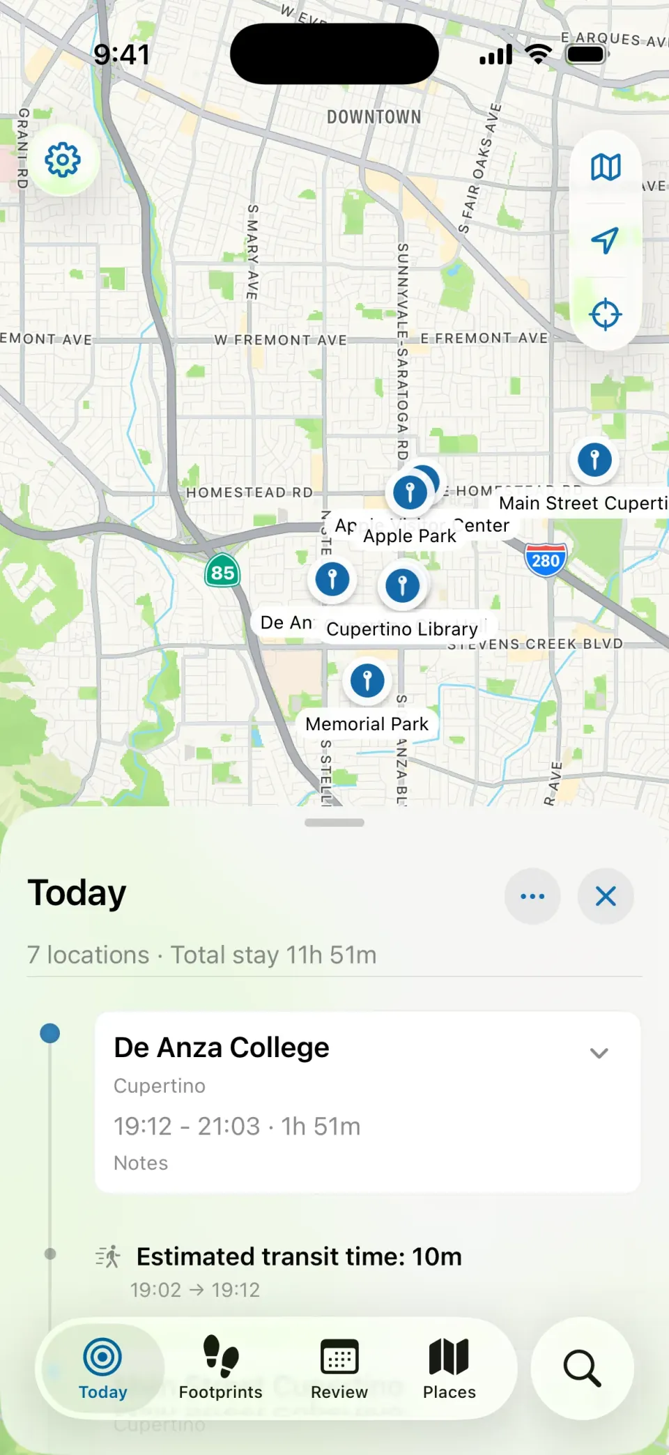 MeTrail today view with the day route and places listed in order