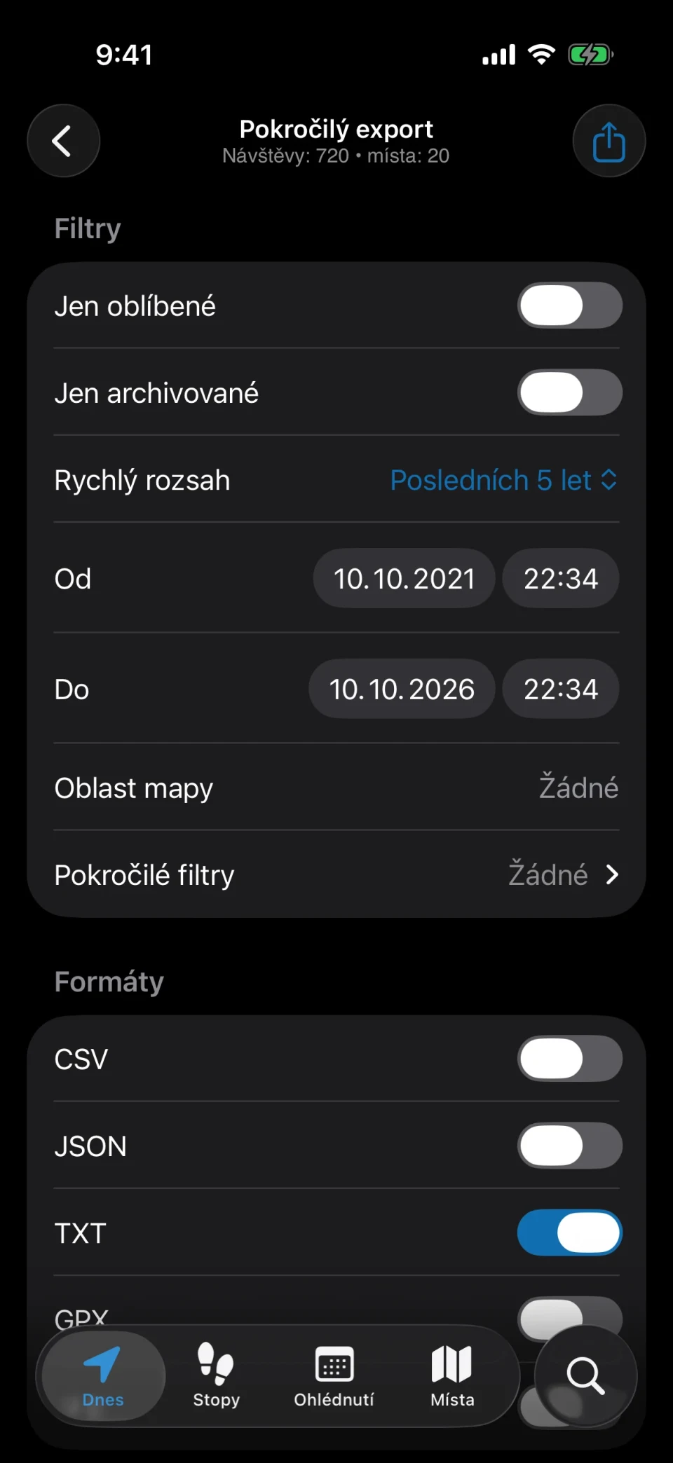 Pokročilý export v MeTrail s filtry a volbou formátu