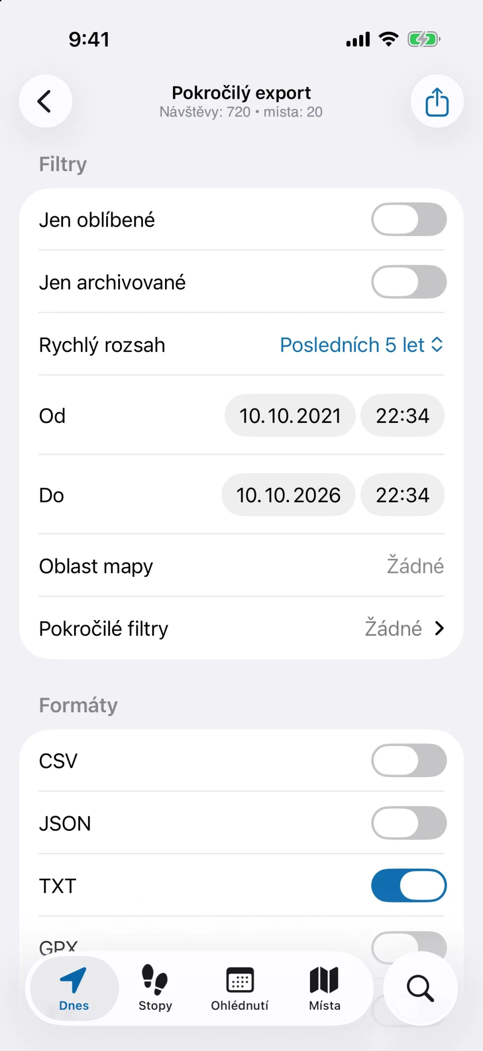 Pokročilý export v MeTrail s filtry a volbou formátu