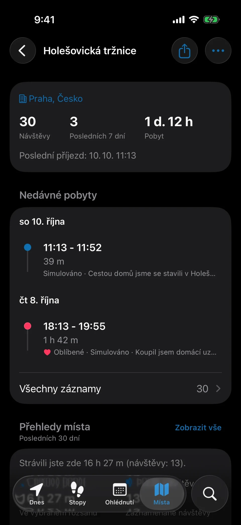 Podrobnosti místa v MeTrail s počtem návštěv, dobou pobytu a historií
