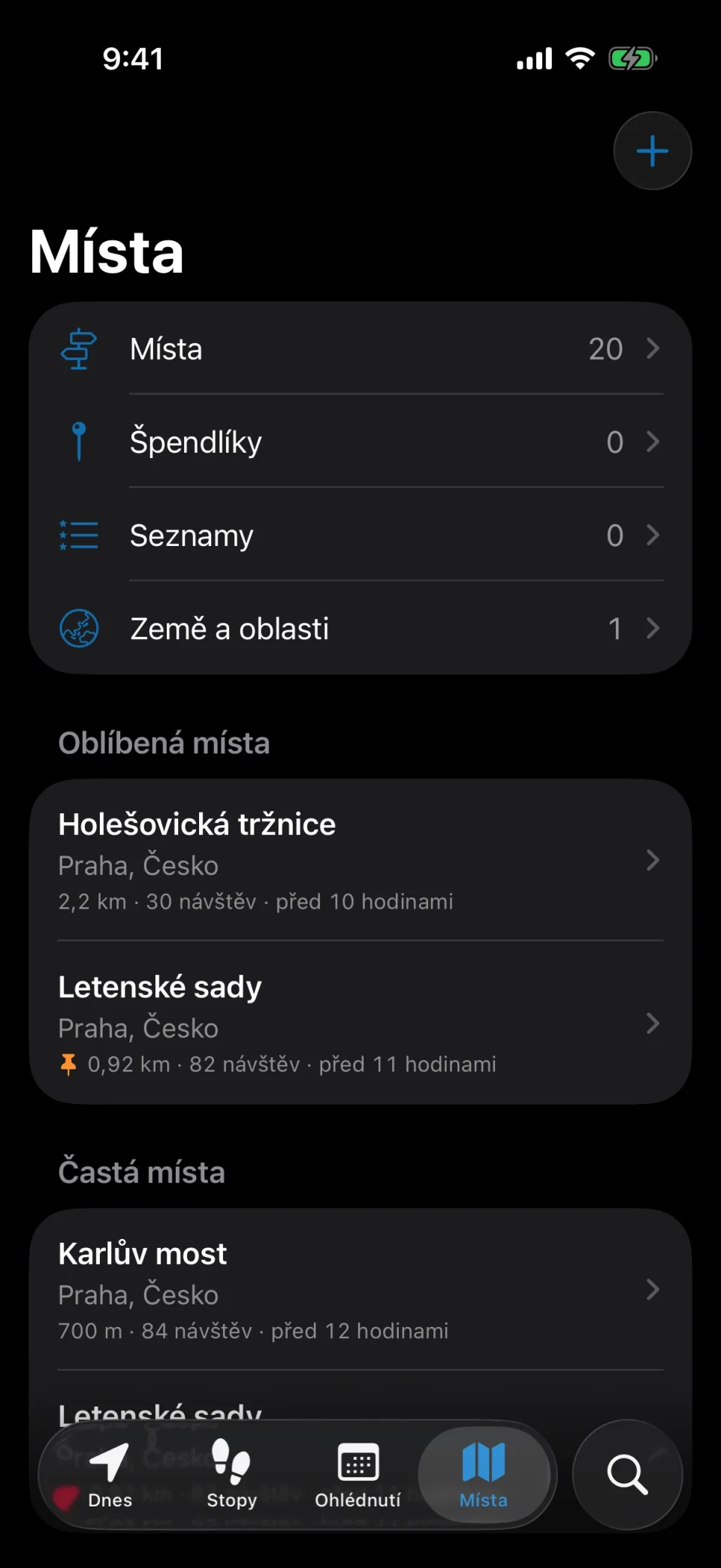 Karta Místa v MeTrail s často navštěvovanými místy, oblíbenými a štítky