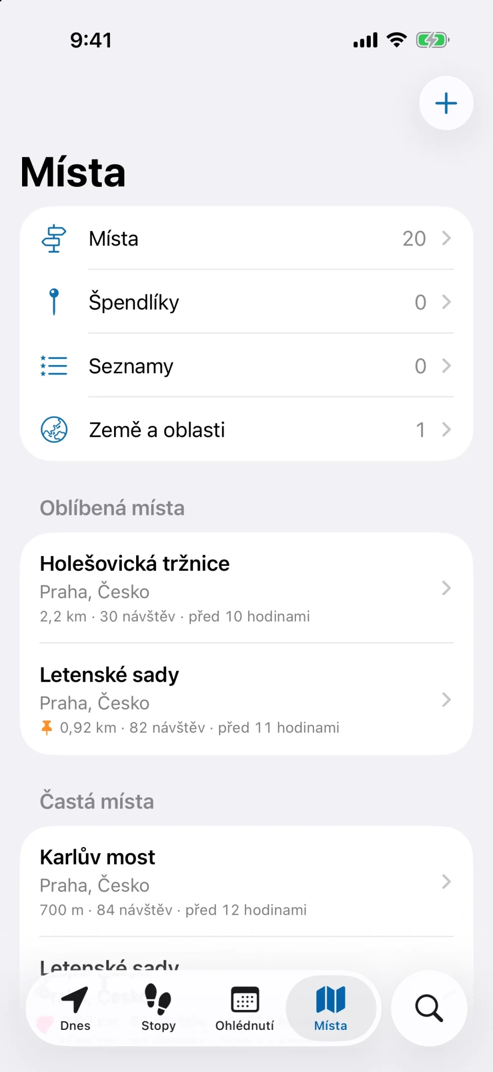 Karta Místa v MeTrail s často navštěvovanými místy, oblíbenými a štítky