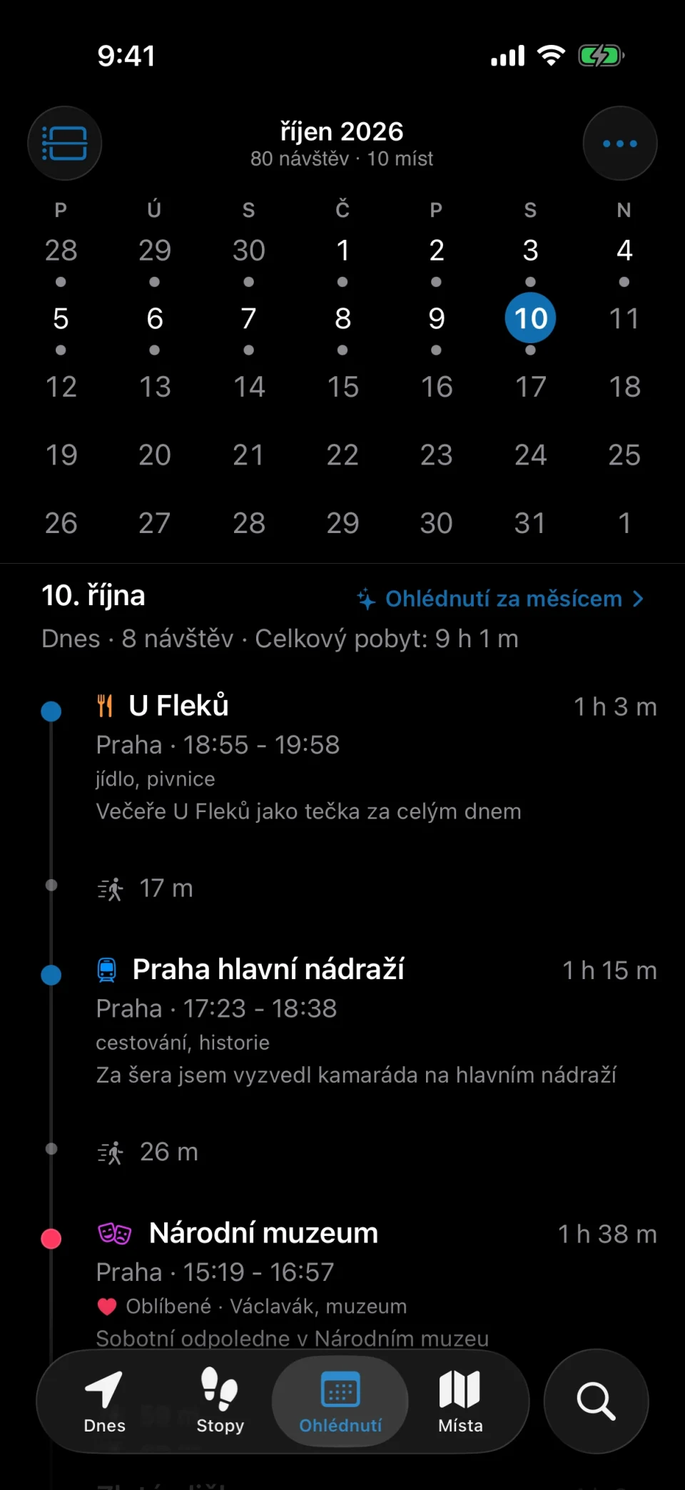 Karta Přehled v MeTrail se zaznamenanými dny v měsíci