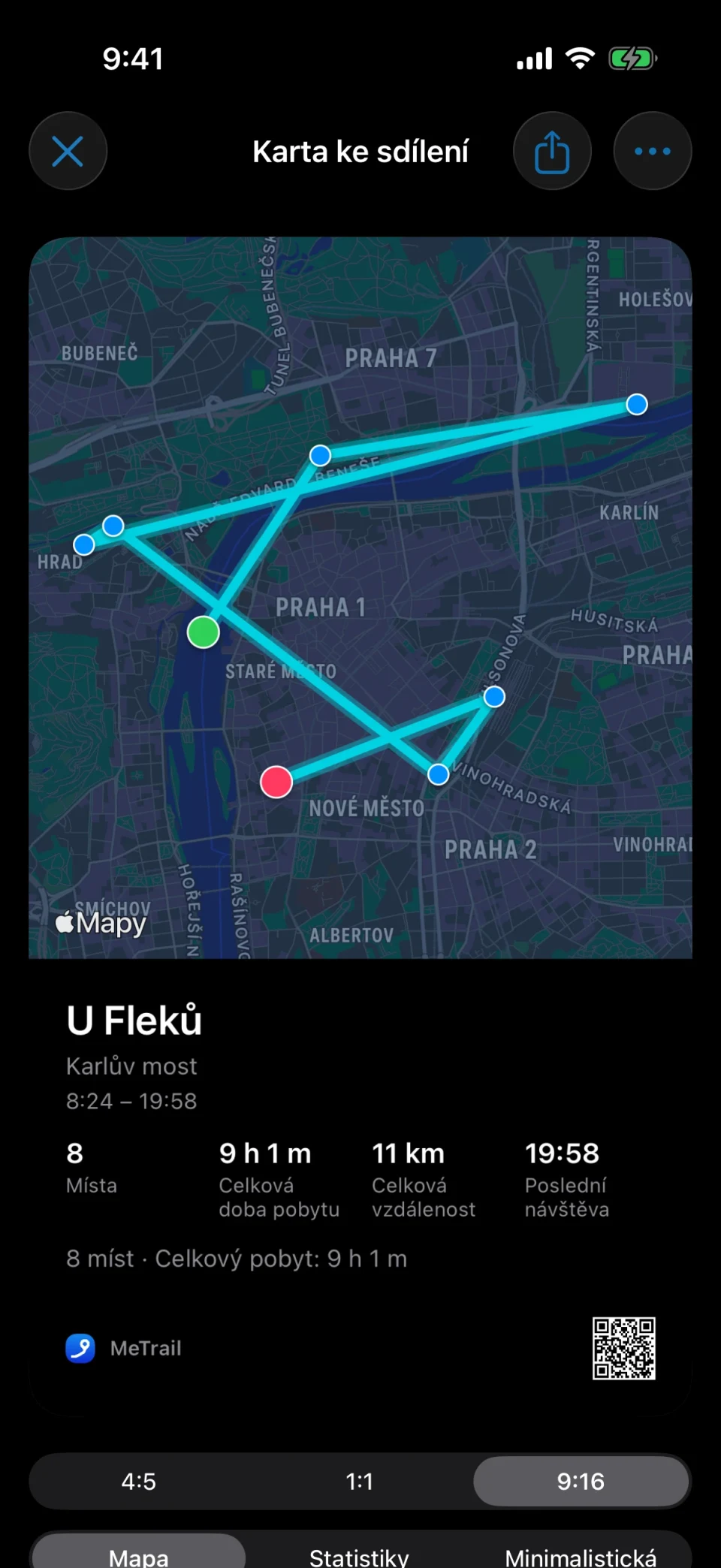 Karta ke sdílení v MeTrail s mapou a souhrnem pobytu