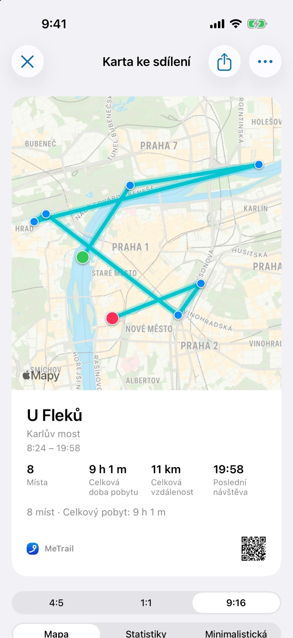 Karta ke sdílení v MeTrail s mapou a souhrnem pobytu