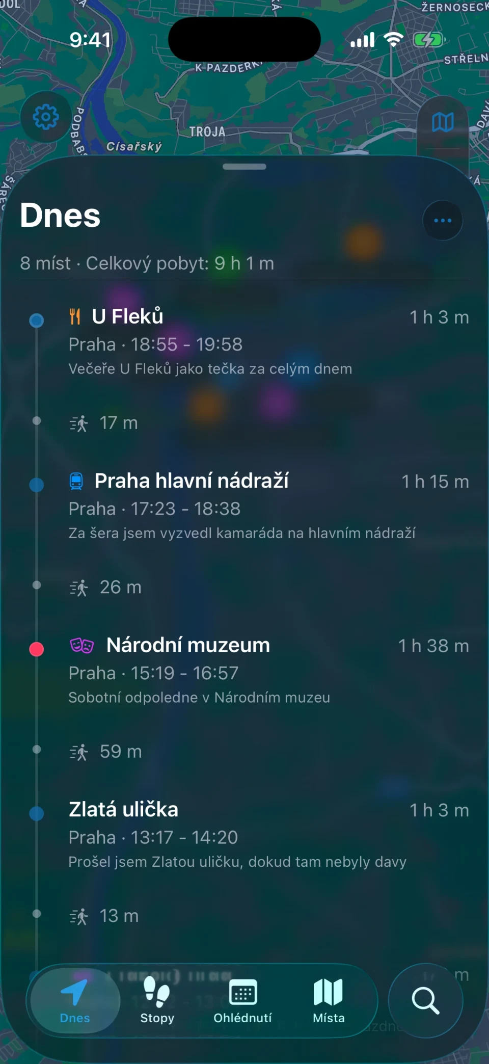 Obrazovka Dnes v MeTrail s denní trasou a místy v pořadí