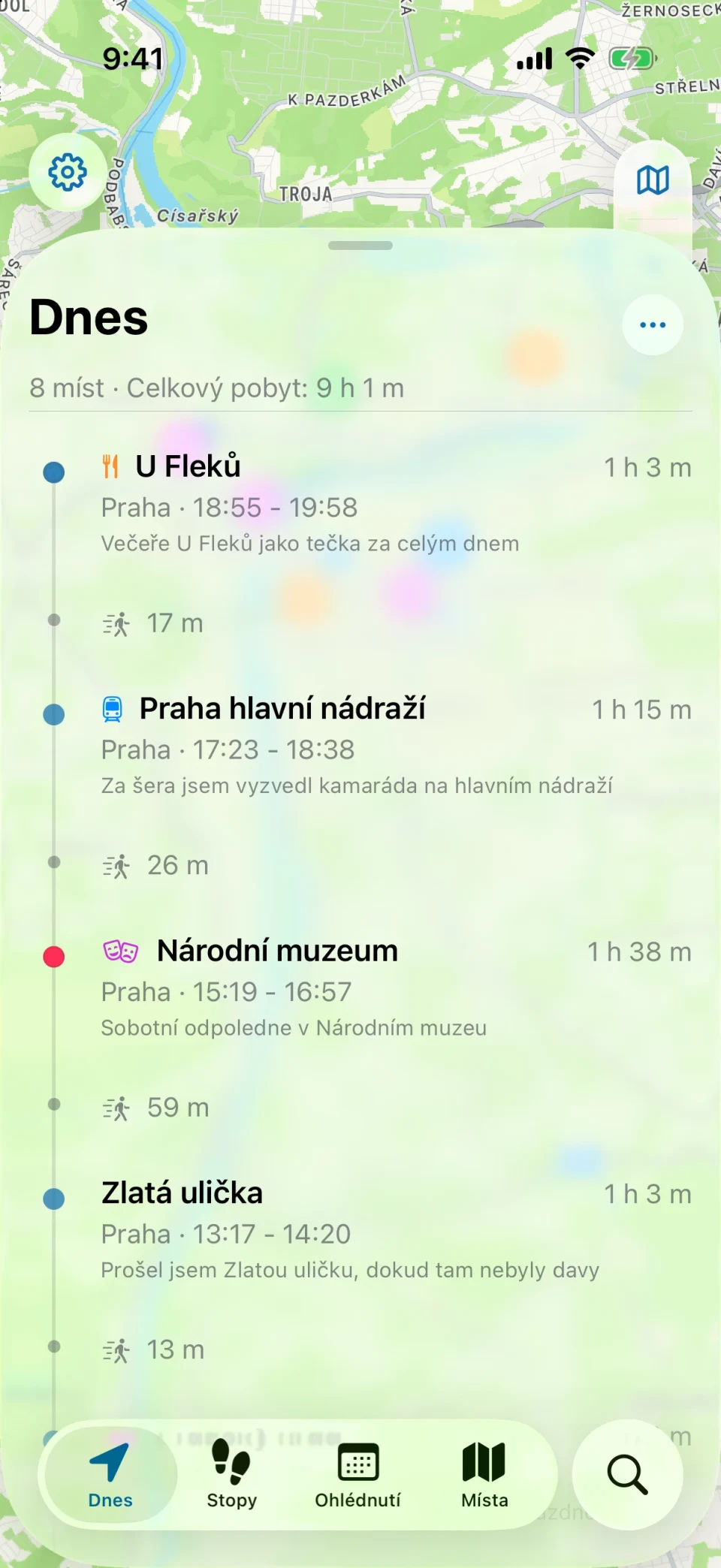 Obrazovka Dnes v MeTrail s denní trasou a místy v pořadí