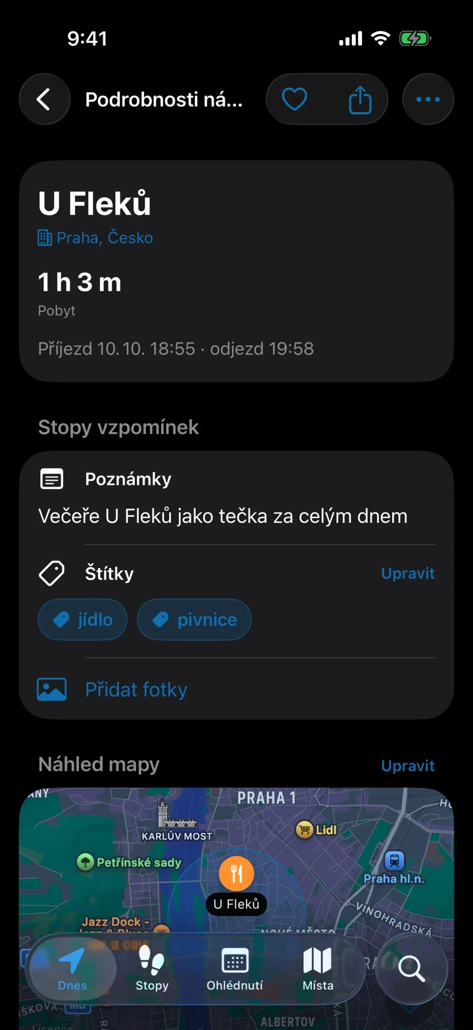 Podrobnosti návštěvy v MeTrail s dobou pobytu, rychlými akcemi a uloženými poznámkami