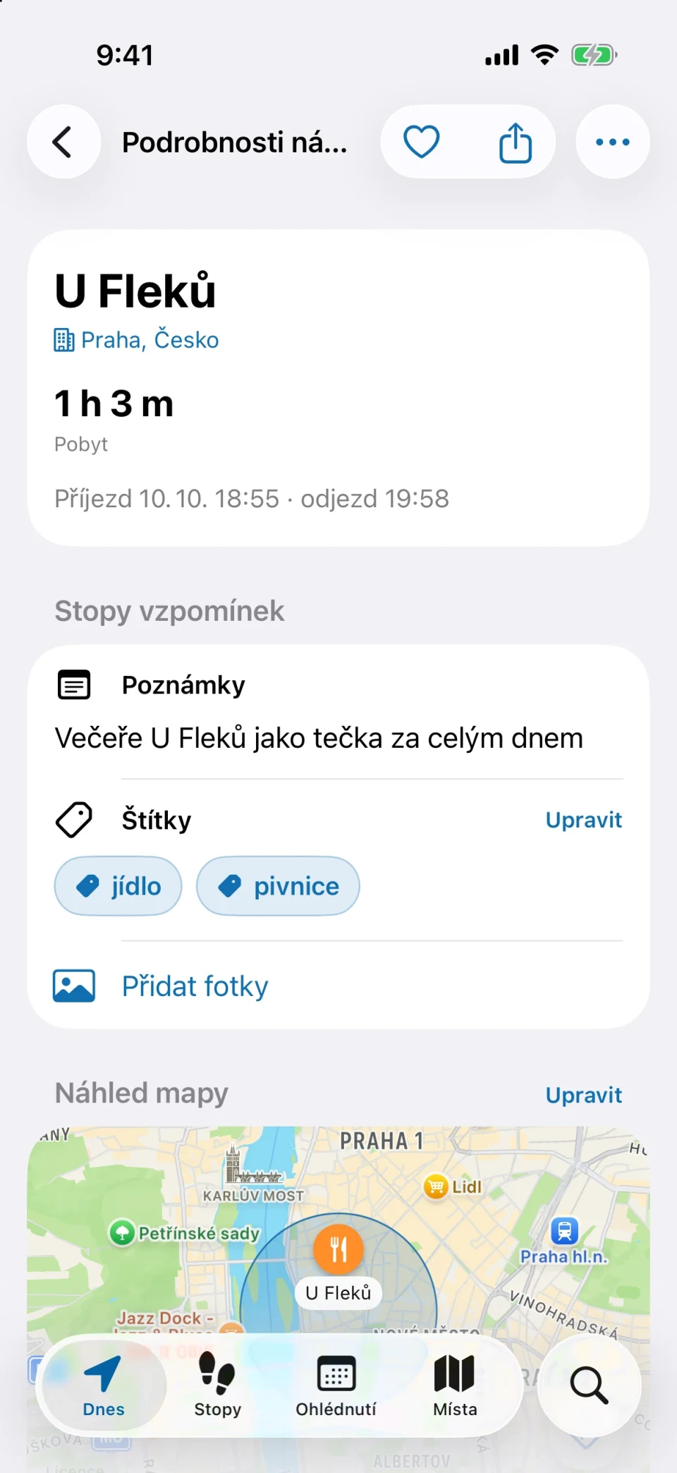 Podrobnosti návštěvy v MeTrail s dobou pobytu, rychlými akcemi a uloženými poznámkami