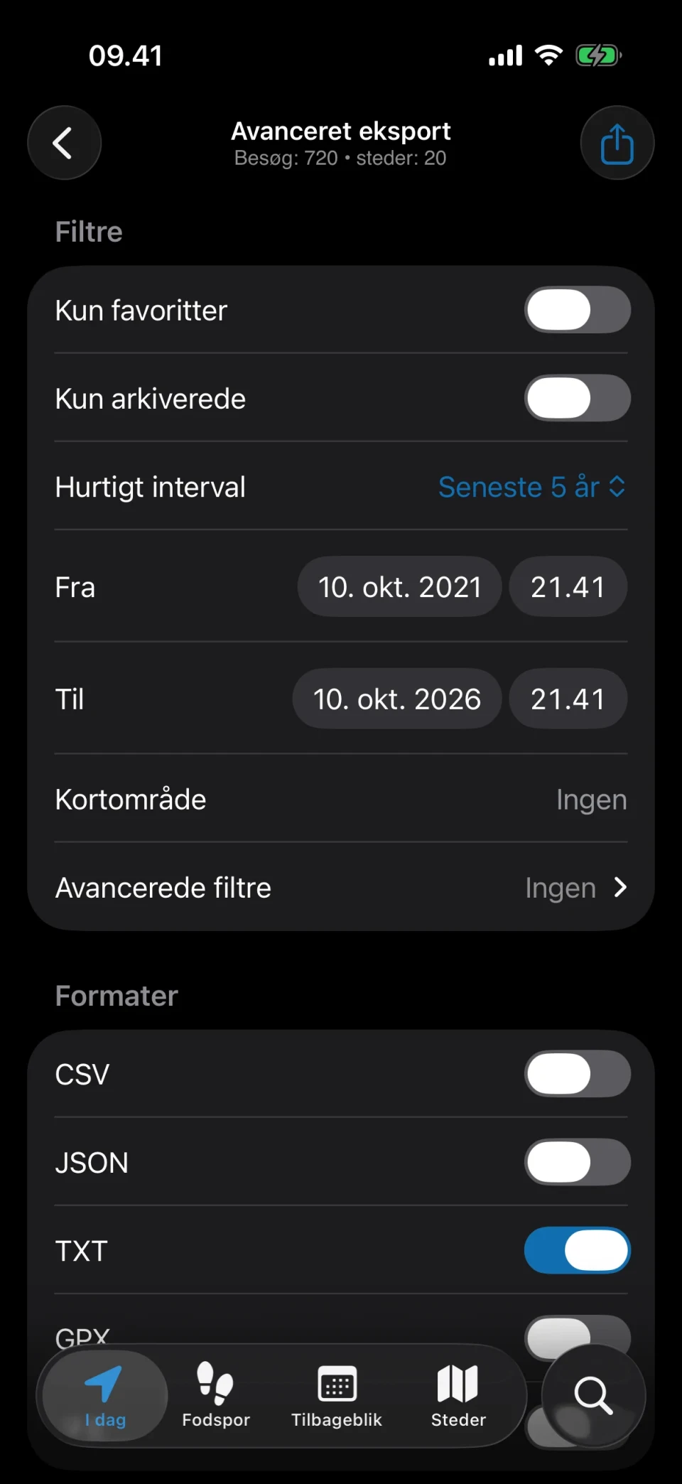 Avanceret eksport i MeTrail med filtre og formatvalg