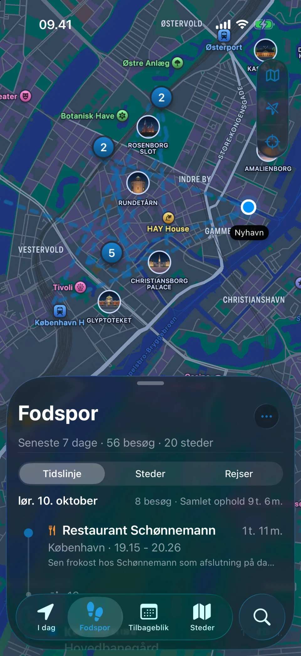 Fodspor-skærmen i MeTrail med en oversigt over besøgte steder og besøgene dag for dag