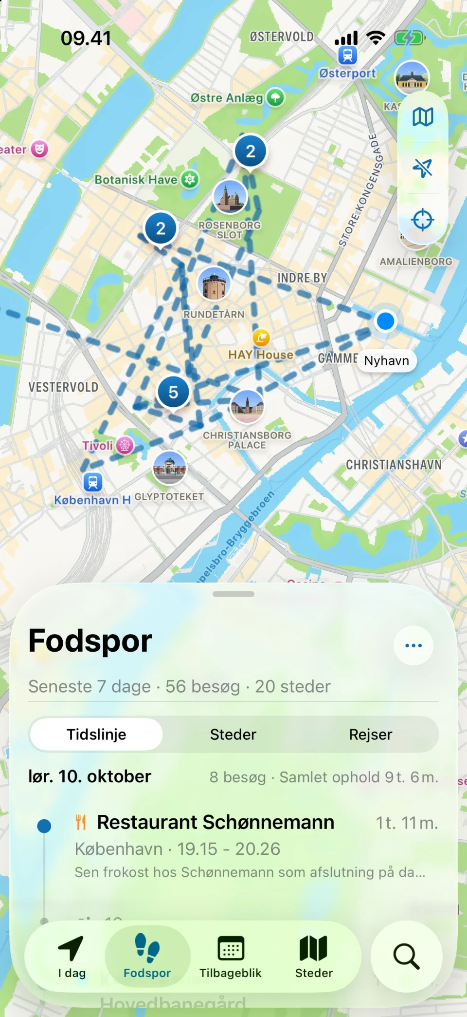 Fodspor-skærmen i MeTrail med en oversigt over besøgte steder og besøgene dag for dag