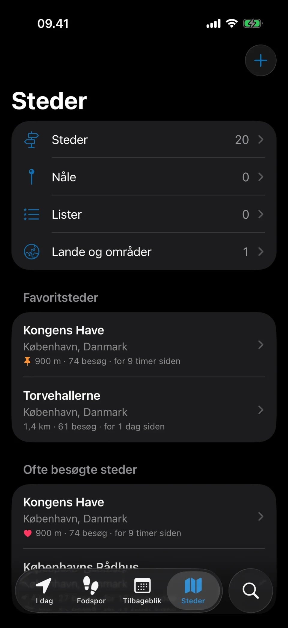Steder-fanen i MeTrail med ofte besøgte steder, favoritter og tags
