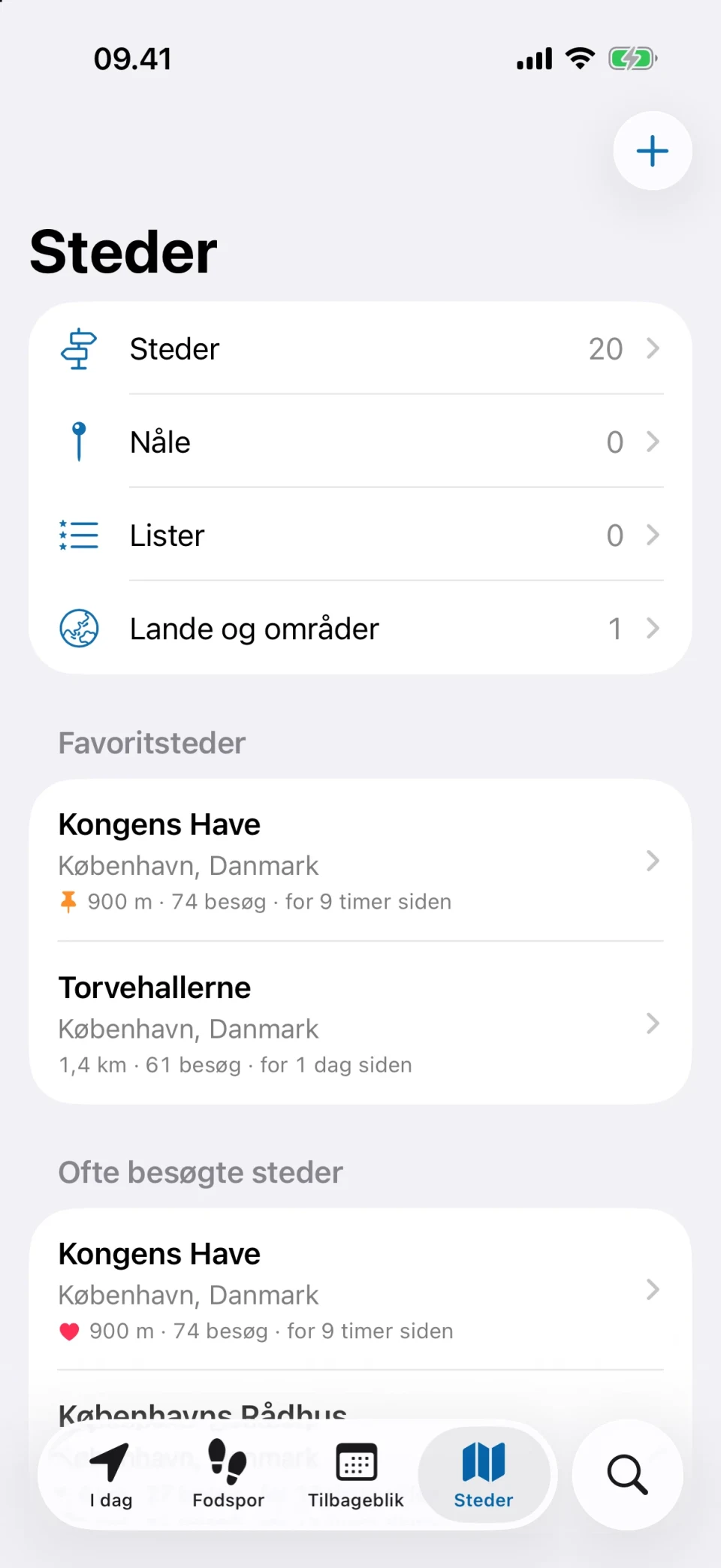 Steder-fanen i MeTrail med ofte besøgte steder, favoritter og tags