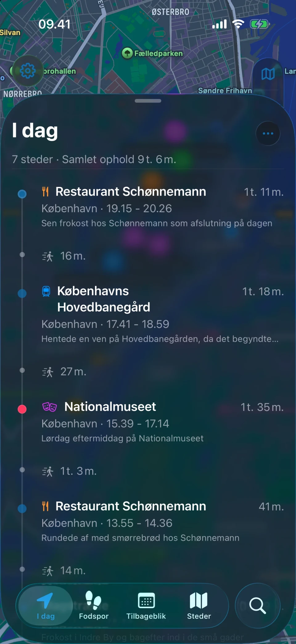 I dag-skærmen i MeTrail med dagens rute og stederne i rækkefølge