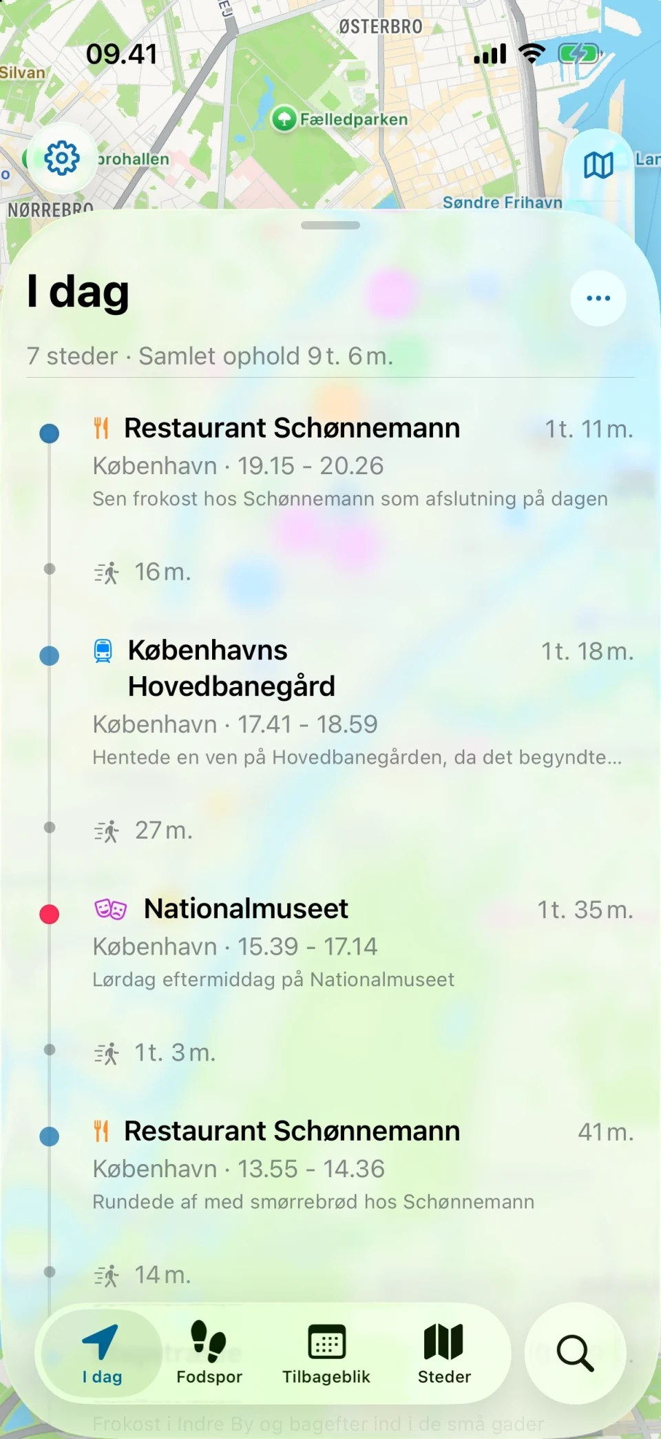 I dag-skærmen i MeTrail med dagens rute og stederne i rækkefølge