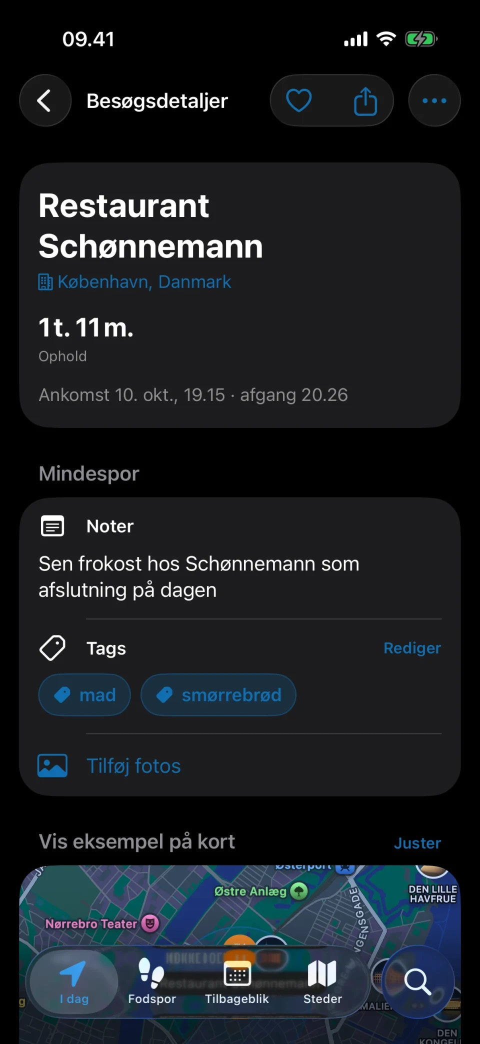 Besøgsdetaljer i MeTrail med opholdstid, hurtige handlinger og gemte noter
