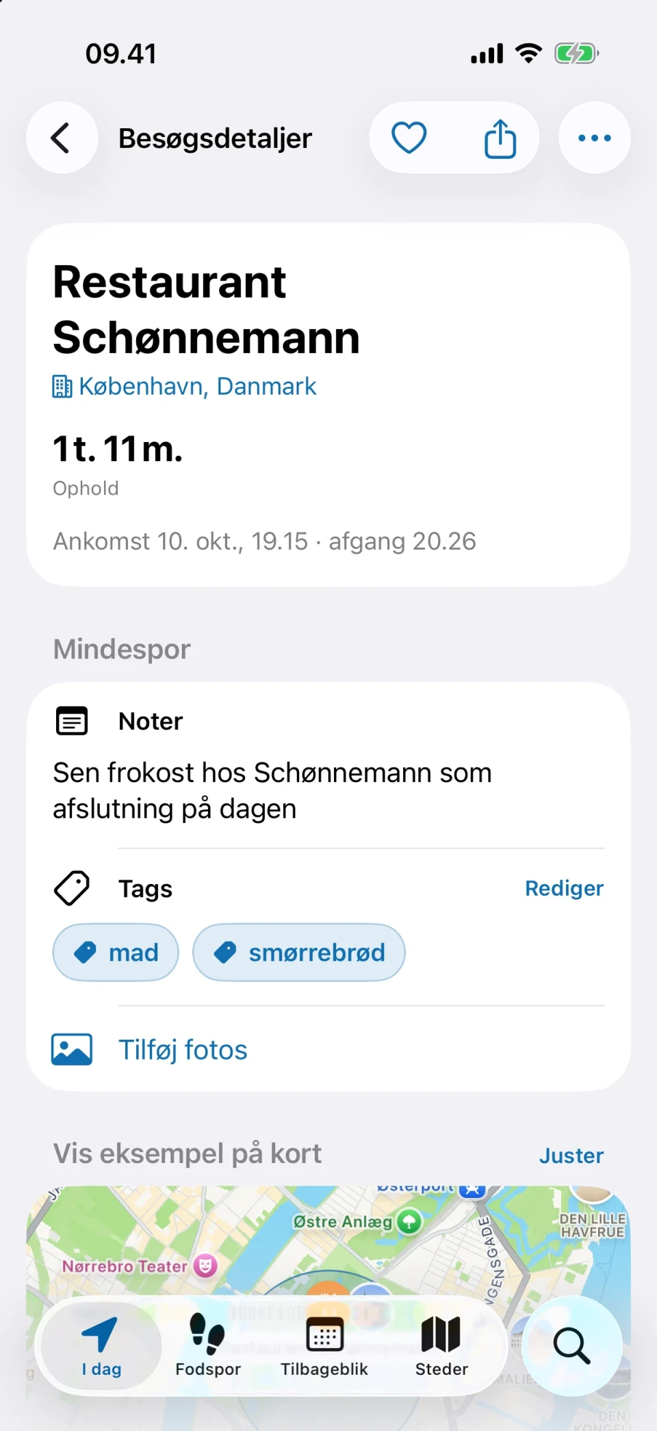 Besøgsdetaljer i MeTrail med opholdstid, hurtige handlinger og gemte noter