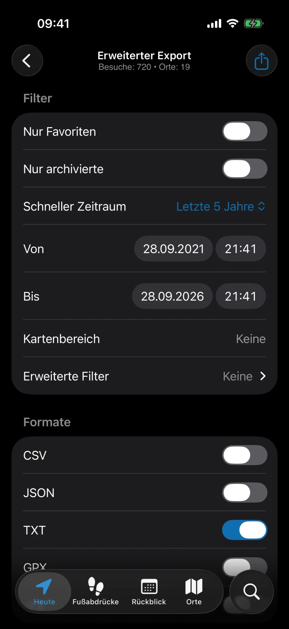 MeTrail-Export mit Filtern und Formatoptionen