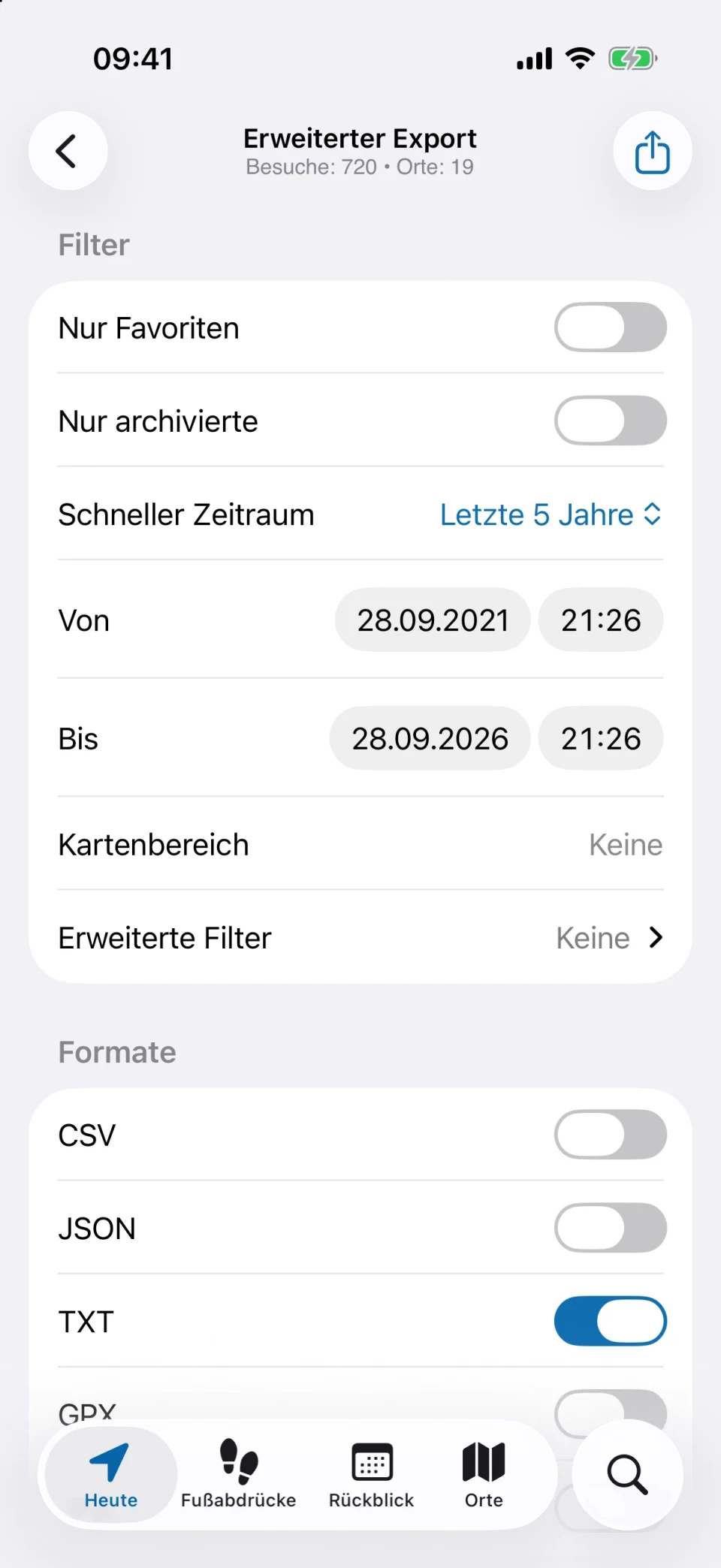 MeTrail-Export mit Filtern und Formatoptionen