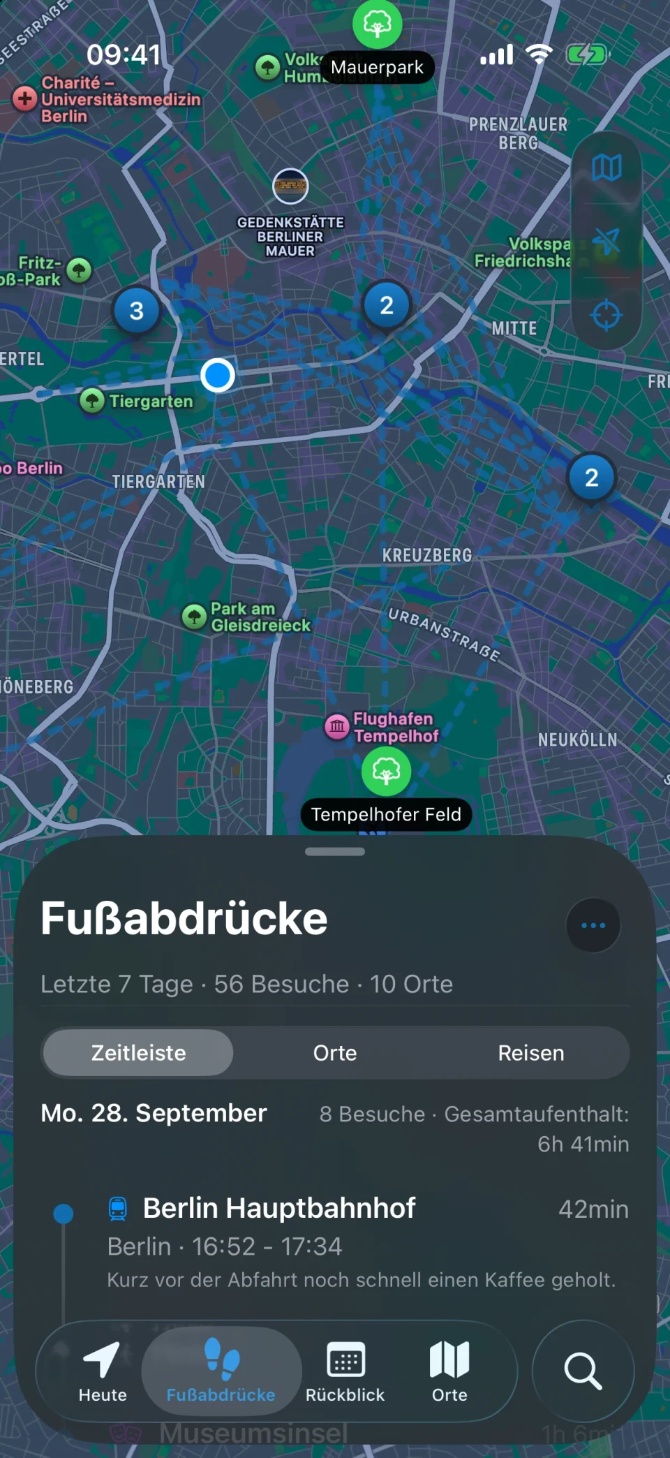 MeTrail-Ansicht „Fußabdrücke“ mit einer Übersicht der besuchten Orte und der Besuchsliste Tag für Tag