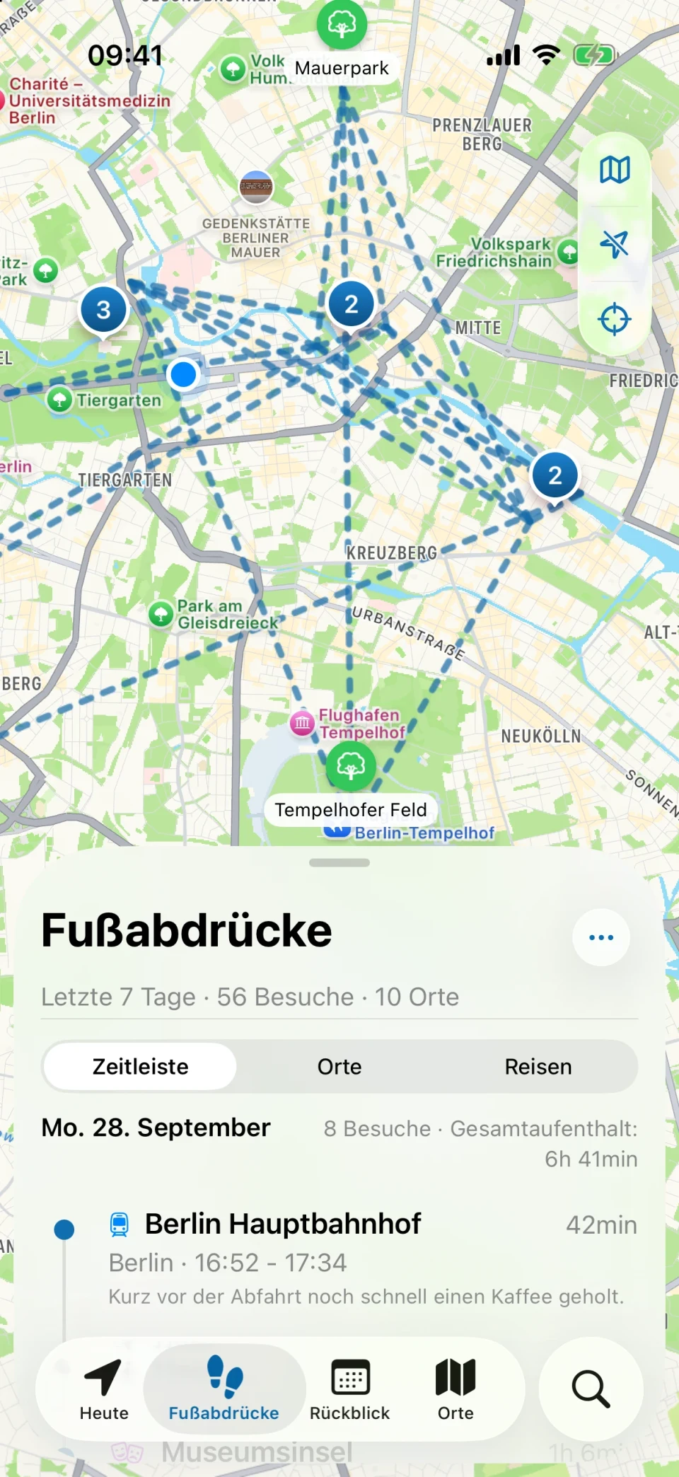 MeTrail-Ansicht „Fußabdrücke“ mit einer Übersicht der besuchten Orte und der Besuchsliste Tag für Tag