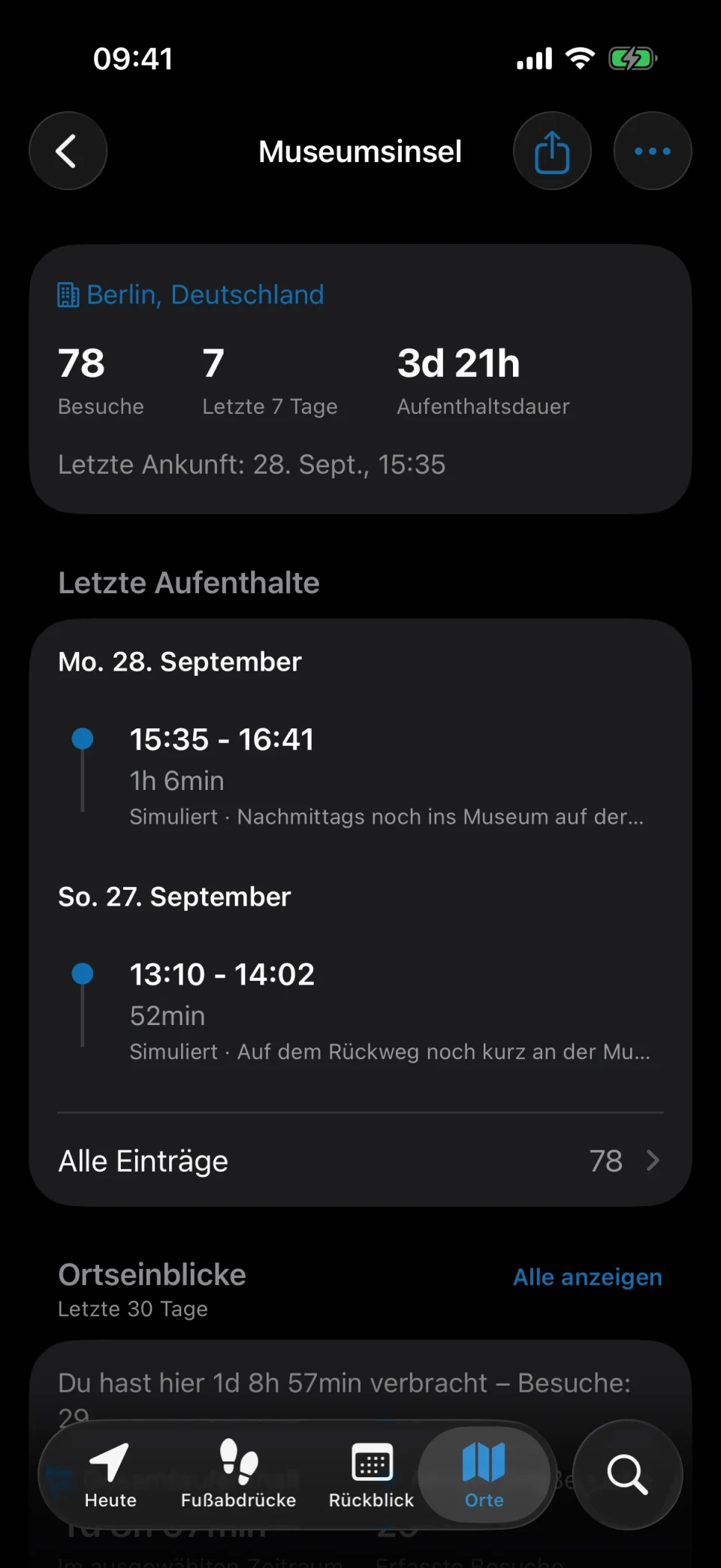 MeTrail-Ortsdetails mit Zahl der Besuche, Aufenthaltsdauer und Verlauf