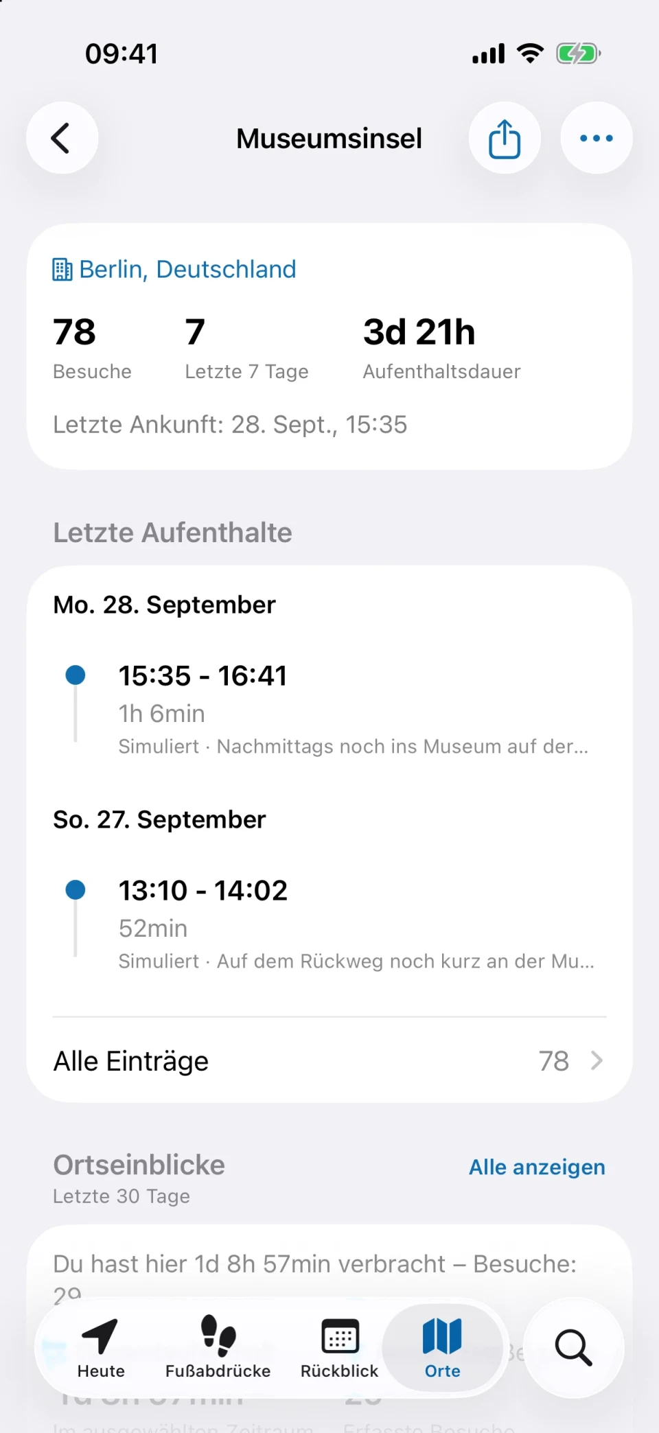 MeTrail-Ortsdetails mit Zahl der Besuche, Aufenthaltsdauer und Verlauf