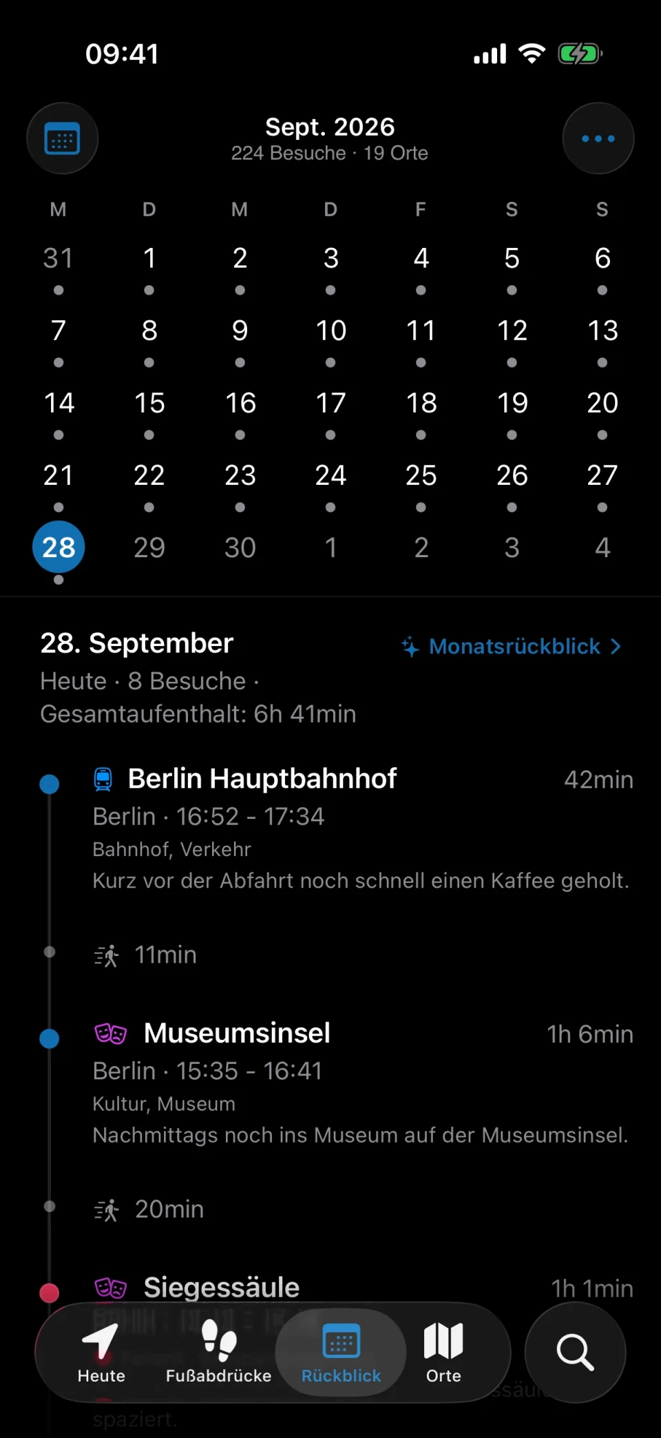 MeTrail-Tab „Rückblick“ mit einem Monat voller erfasster Tage