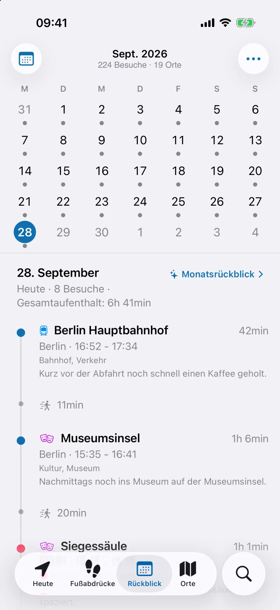 MeTrail-Tab „Rückblick“ mit einem Monat voller erfasster Tage