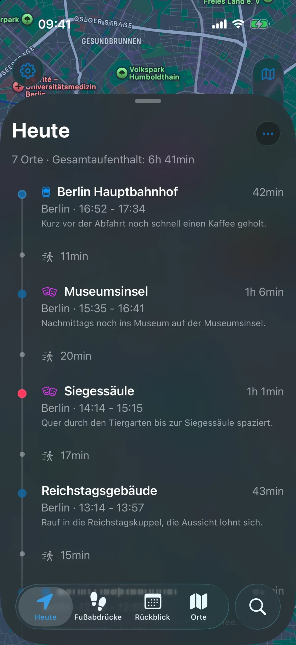 MeTrail-Ansicht „Heute“ mit der Spur des Tages und den Orten der Reihe nach