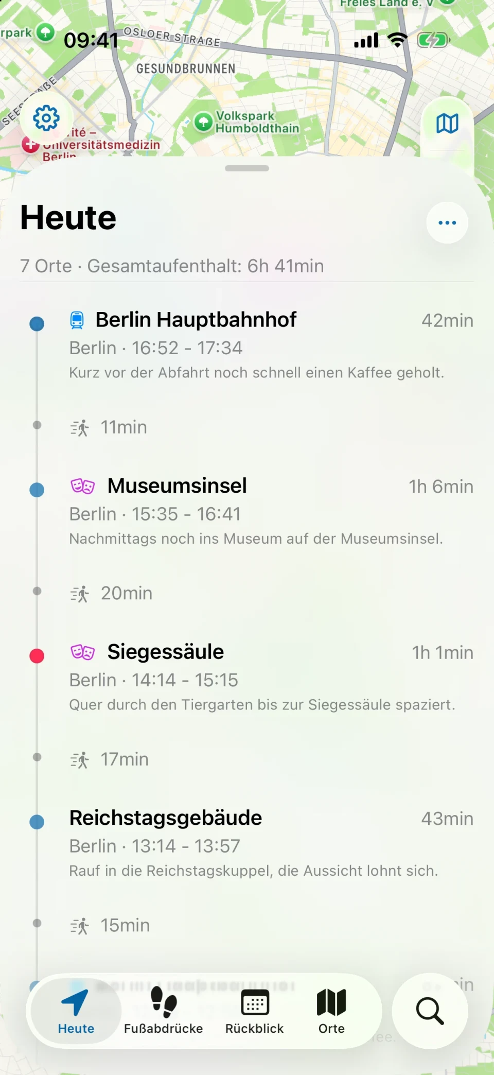 MeTrail-Ansicht „Heute“ mit der Spur des Tages und den Orten der Reihe nach