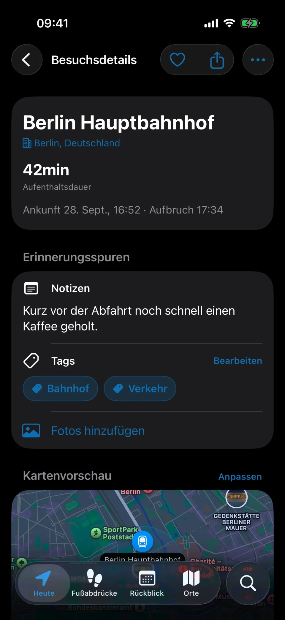 MeTrail-Besuchsdetails mit Aufenthaltsdauer, Schnellaktionen und gespeicherten Notizen