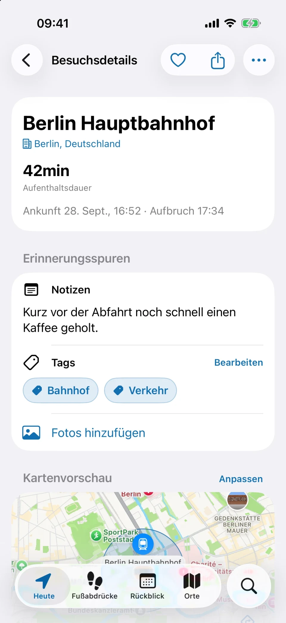 MeTrail-Besuchsdetails mit Aufenthaltsdauer, Schnellaktionen und gespeicherten Notizen