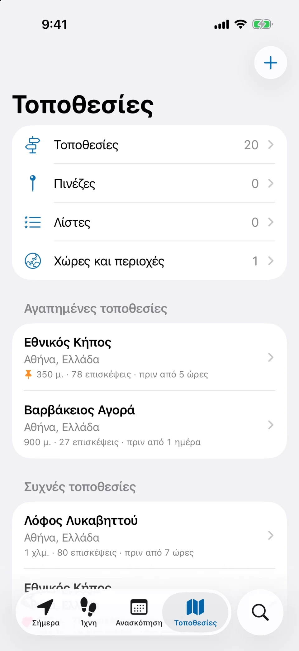 Η καρτέλα «Τοποθεσίες» του MeTrail με συχνές τοποθεσίες, αγαπημένα και ετικέτες