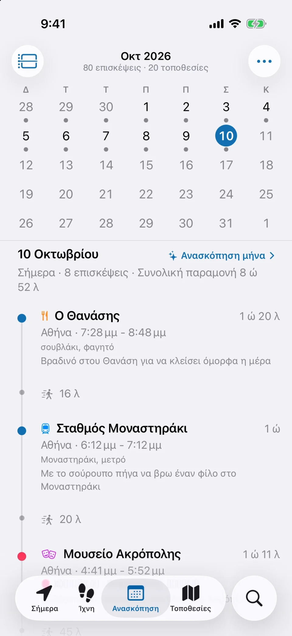 Η καρτέλα «Ανασκόπηση» του MeTrail με τις καταγεγραμμένες ημέρες του μήνα