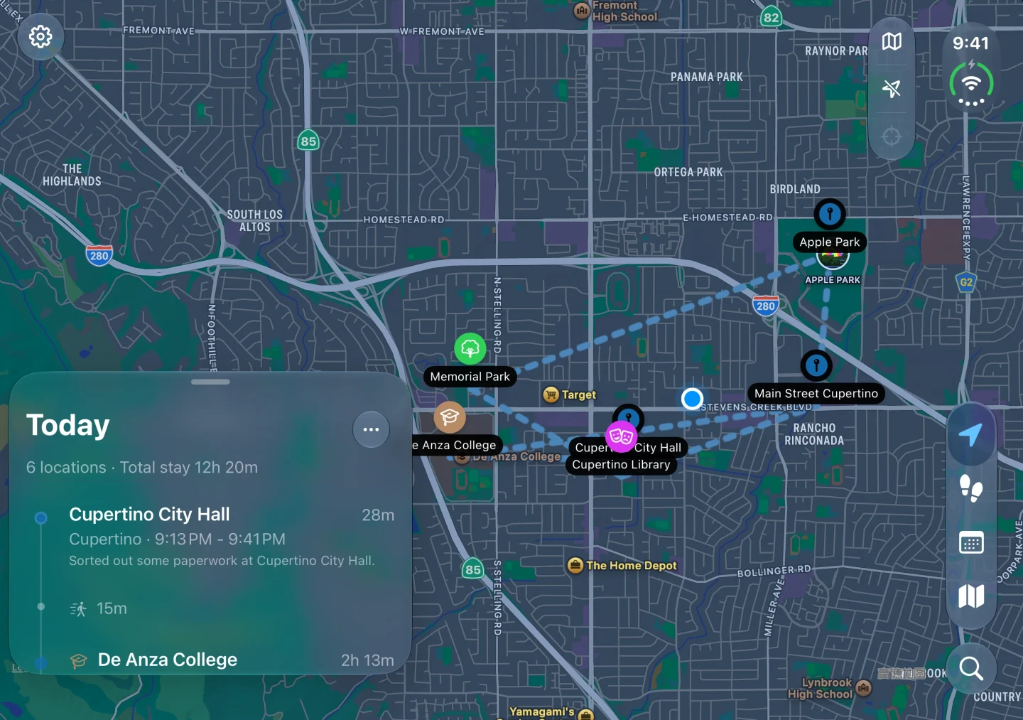 MeTrail today view on the iPhone Duo inner display: the day’s path across a wide map with the timeline panel on the left