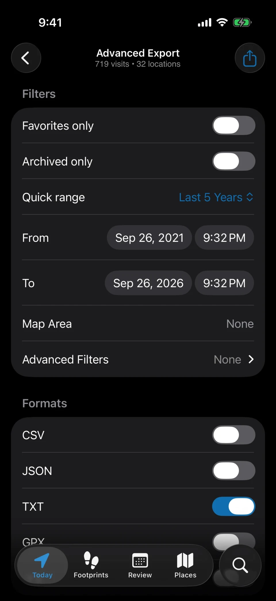 MeTrail advanced export with filters and format options