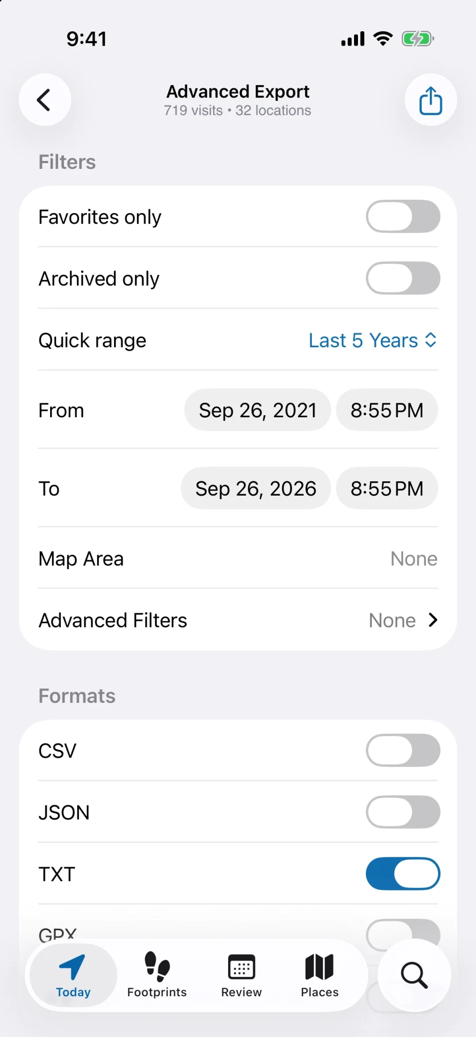 MeTrail advanced export with filters and format options