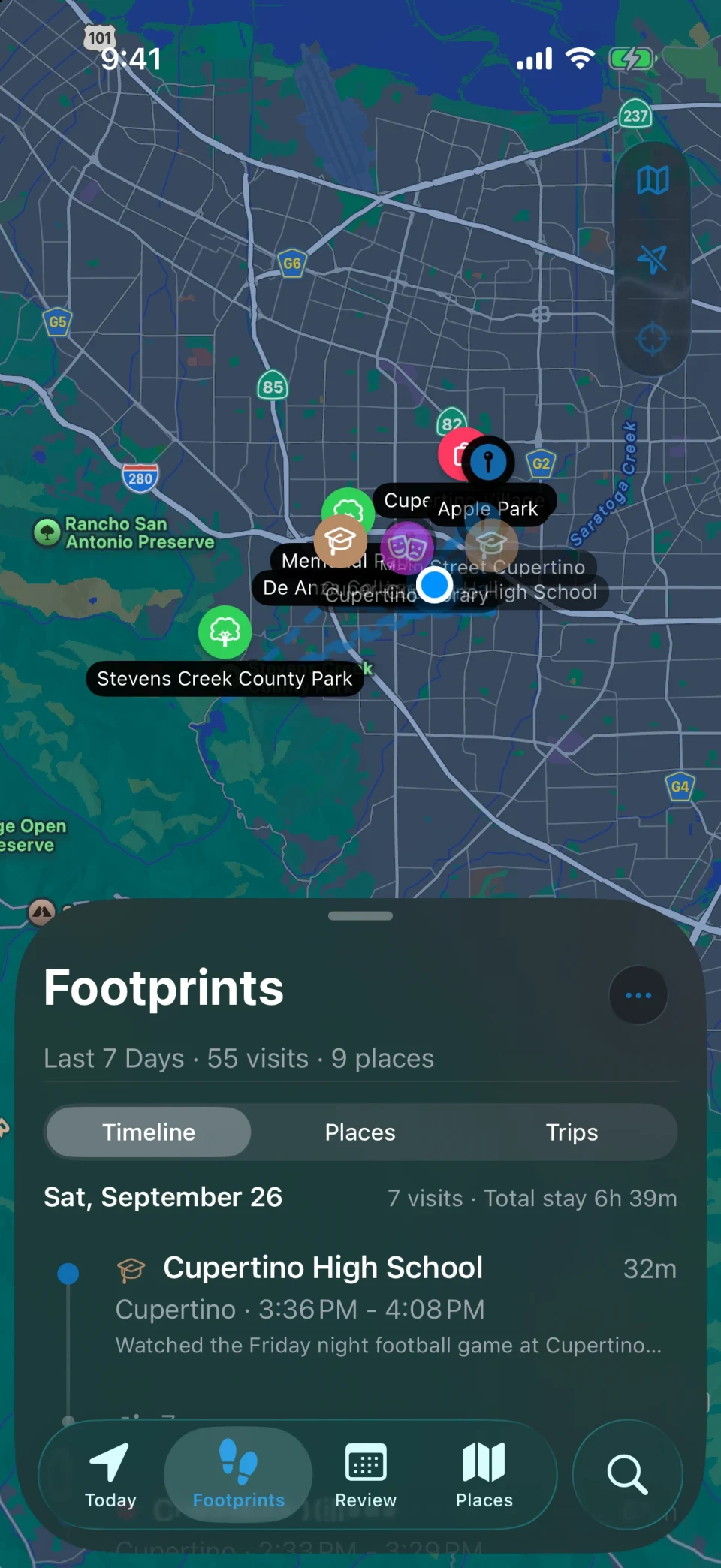 MeTrail footprints view with a summary of places visited and the day-by-day visit list