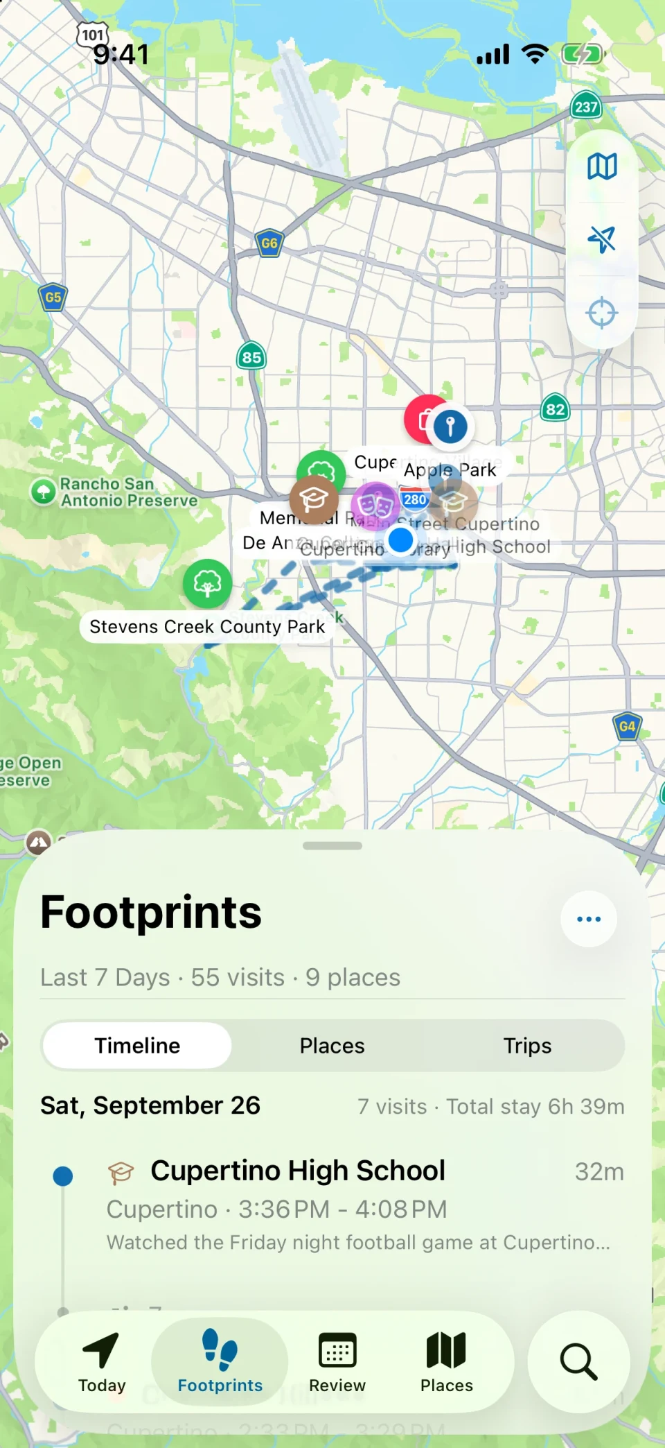 MeTrail footprints view with a summary of places visited and the day-by-day visit list
