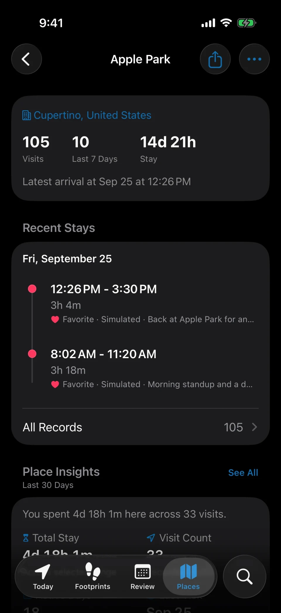 MeTrail place detail screen with visit count, stay duration, and history